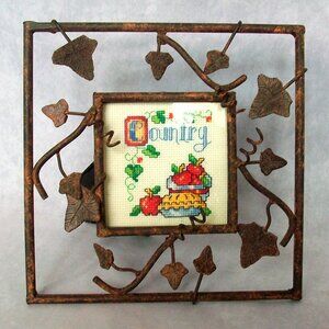 Country Apple Pie Cross Stitch Sampler Rustic Leaf Metal Easel Frame 6.25"x6.25"